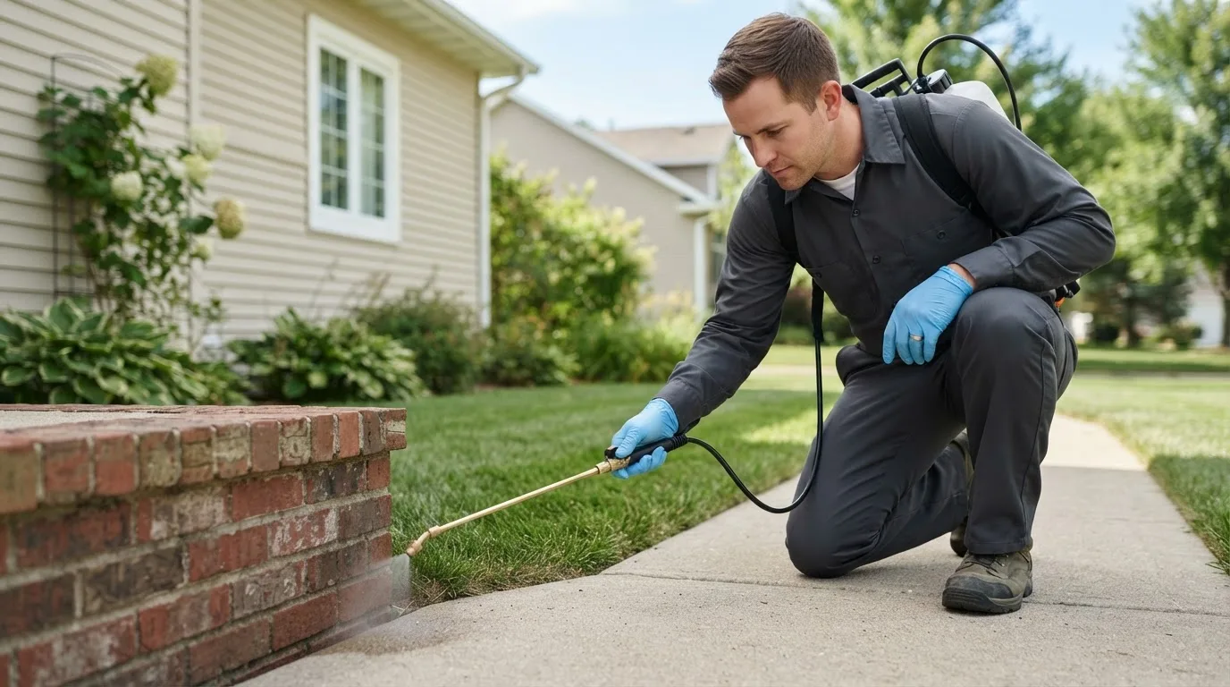 Pest control technician treating a home near Monroe, IA