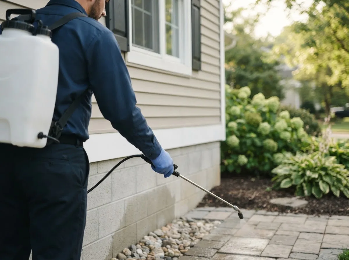 Pest control technician inspecting a home in Monroe, IA
